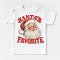 Santa's Favorite Christmas graphic on white tee, front view on white background