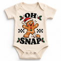 Oh Snap Christmas graphic on natural bodysuit, front view on white background