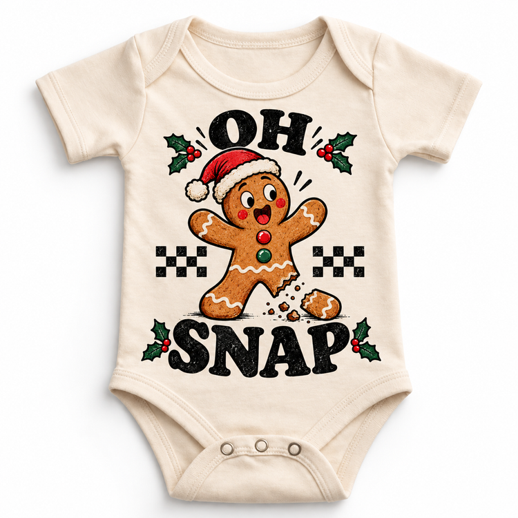 Oh Snap Christmas graphic on natural bodysuit, front view on white background
