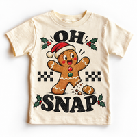 Oh Snap Christmas graphic on natural tee, front view on white background