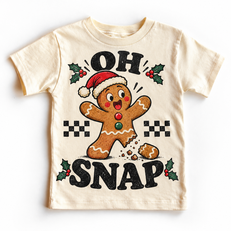 Oh Snap Christmas graphic on natural tee, front view on white background