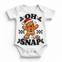 Oh Snap Christmas graphic on white bodysuit, front view on white background