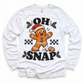 Oh Snap Christmas graphic on white long sleeve tee, front view on white background