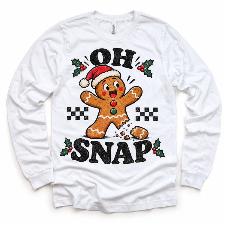 Oh Snap Christmas graphic on white long sleeve tee, front view on white background
