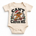 Can't Catch Me Christmas graphic on natural bodysuit, front view on white background