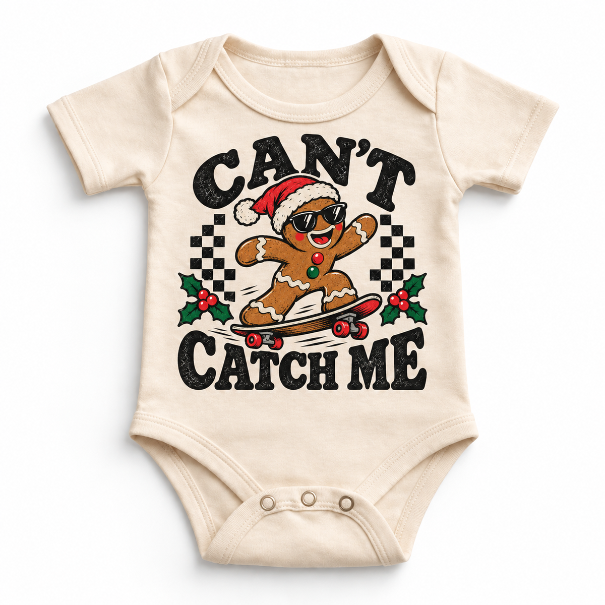Can't Catch Me Christmas graphic on natural bodysuit, front view on white background
