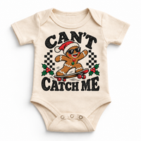 Can't Catch Me Christmas graphic on natural bodysuit, front view on white background