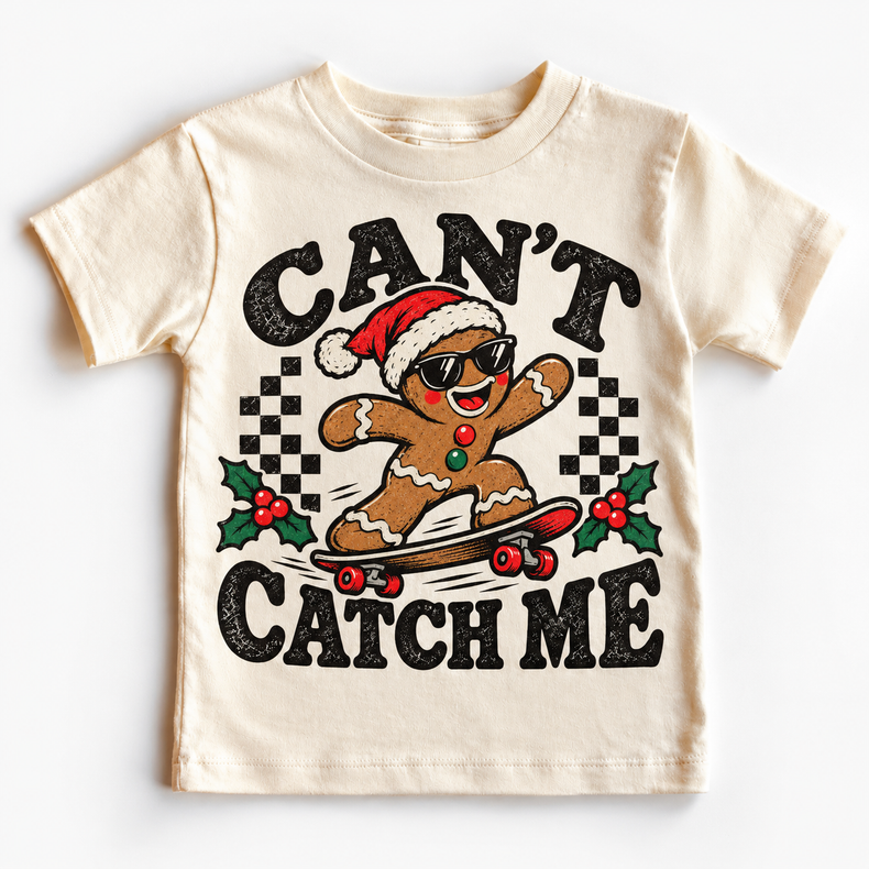 Can't Catch Me Christmas graphic on natural tee, front view on white background