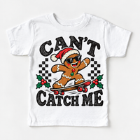 Can't Catch Me Christmas graphic on white tee, front view on white background