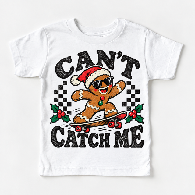 Can't Catch Me Christmas graphic on white tee, front view on white background