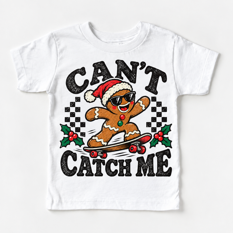 Can't Catch Me Christmas graphic on white tee, front view on white background