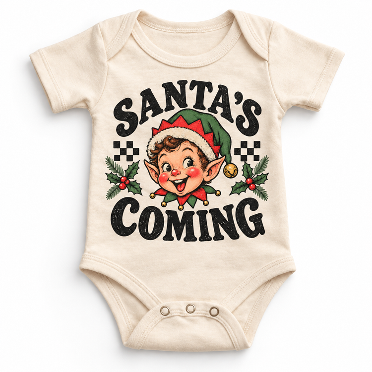 Santa's Coming Christmas graphic on natural bodysuit, front view on white background