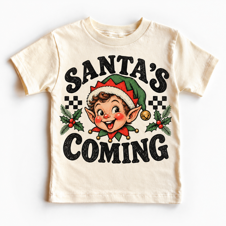 Santa's Coming Christmas graphic on natural tee, front view on white background