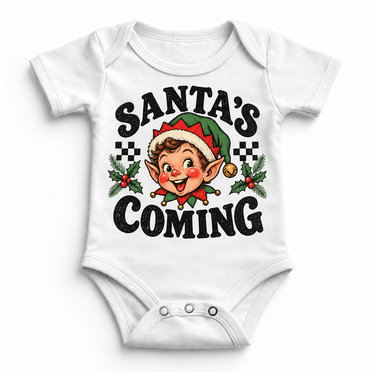 Santa's Coming Christmas graphic on white bodysuit, front view on white background