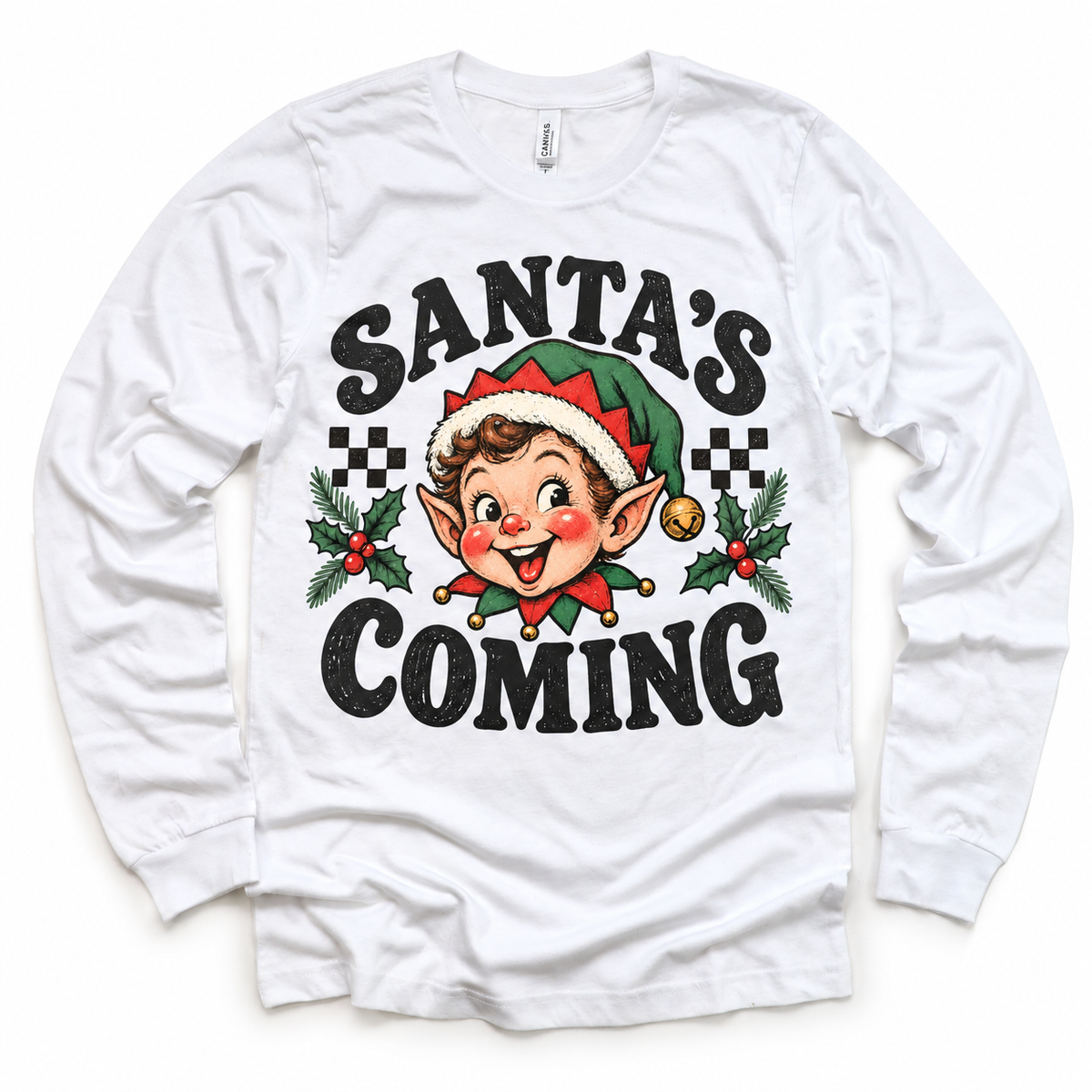 Santa's Coming Christmas graphic on white long sleeve tee, front view on white background