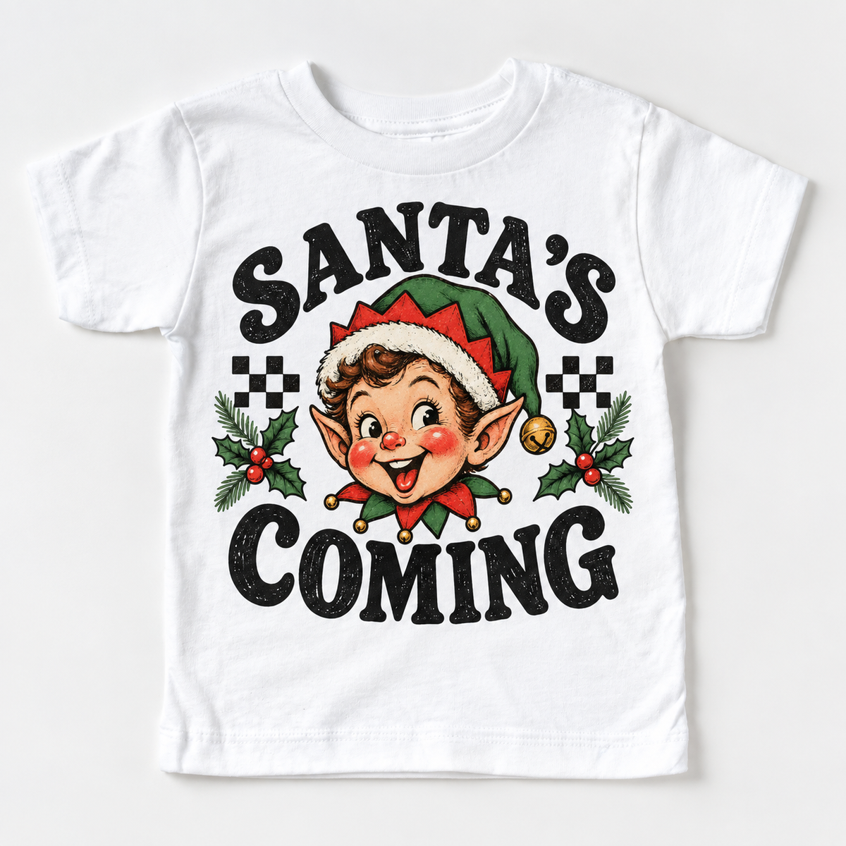 Santa's Coming Christmas graphic on white tee, front view on white background
