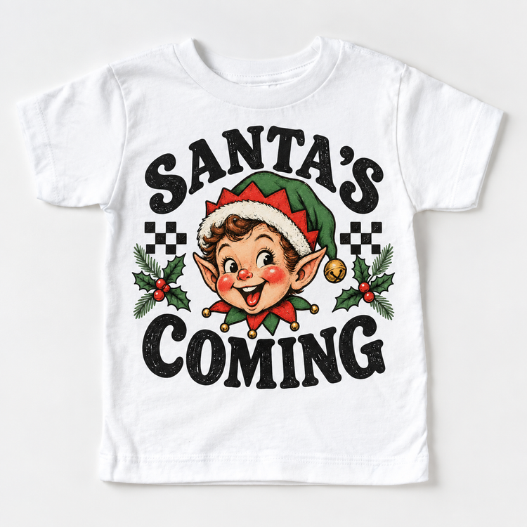 Santa's Coming Christmas graphic on white tee, front view on white background