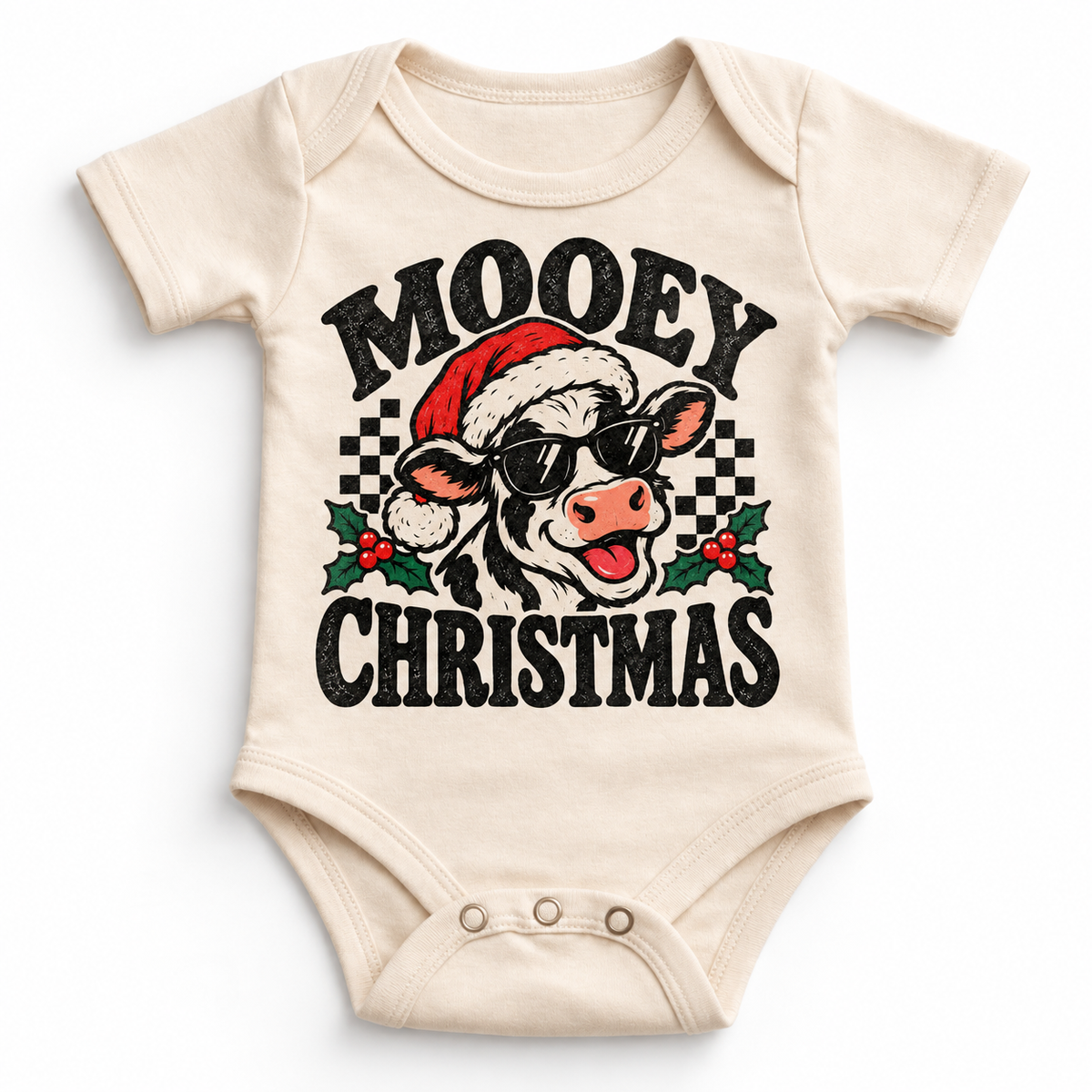 Mooey Christmas Christmas graphic on natural bodysuit, front view on white background