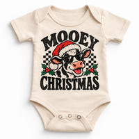 Mooey Christmas Christmas graphic on natural bodysuit, front view on white background