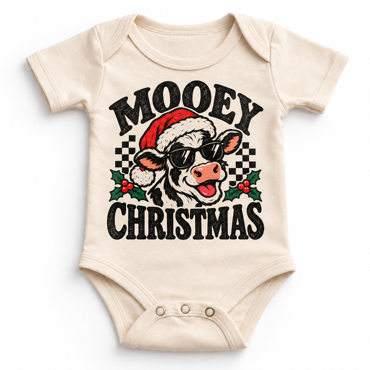 Mooey Christmas Christmas graphic on natural bodysuit, front view on white background