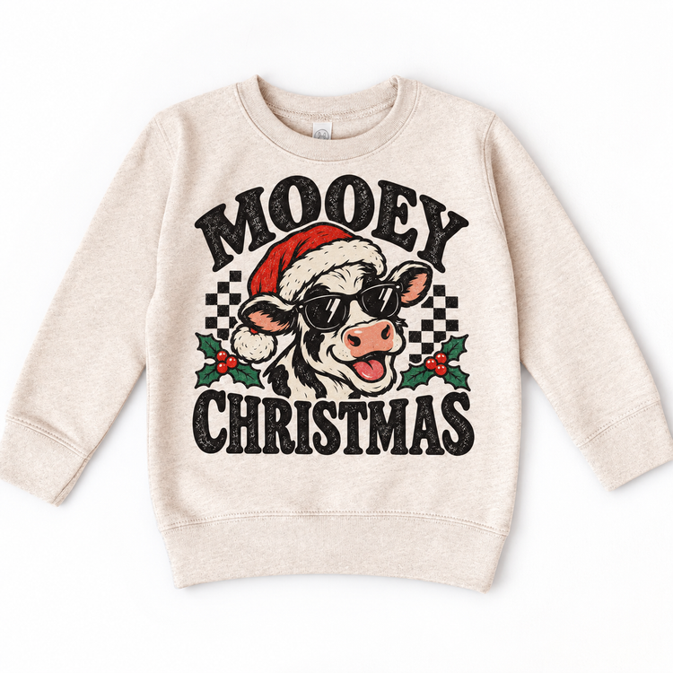 Mooey Christmas Christmas graphic on natural sweatshirt, front view on white background
