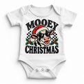 Mooey Christmas Christmas graphic on white bodysuit, front view on white background