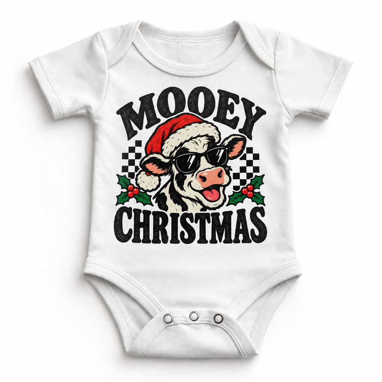 Mooey Christmas Christmas graphic on white bodysuit, front view on white background