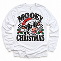 Mooey Christmas Christmas graphic on white long sleeve tee, front view on white background