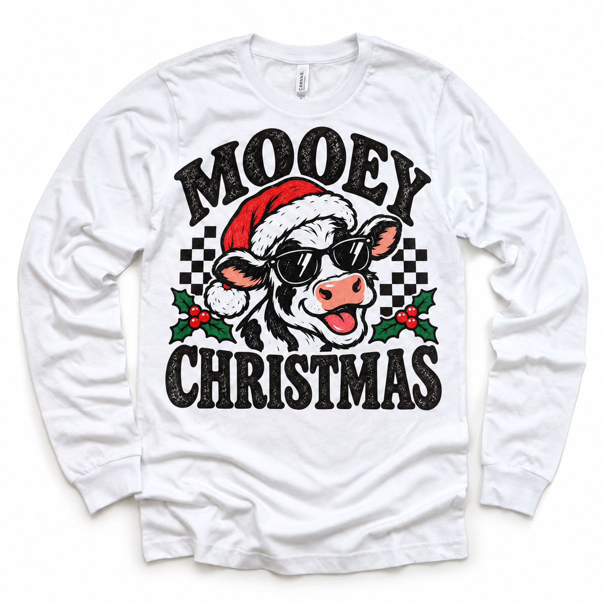 Mooey Christmas Christmas graphic on white long sleeve tee, front view on white background