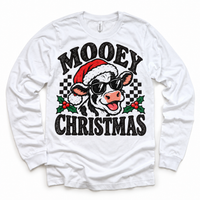 Mooey Christmas Christmas graphic on white long sleeve tee, front view on white background