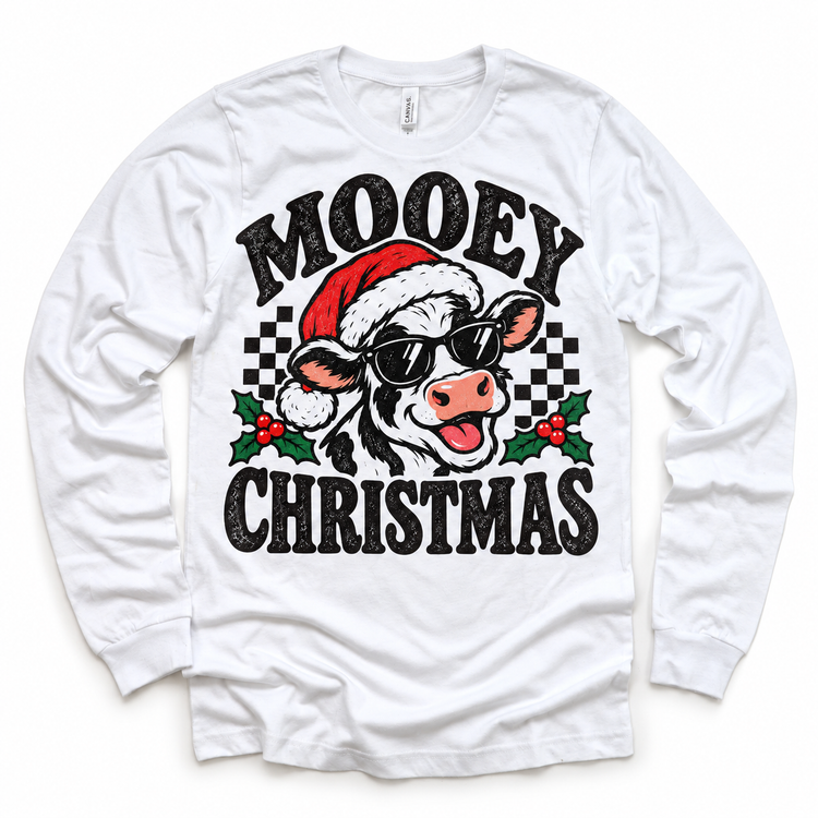 Mooey Christmas Christmas graphic on white long sleeve tee, front view on white background