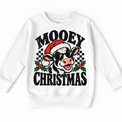 Mooey Christmas Christmas graphic on white sweatshirt, front view on white background