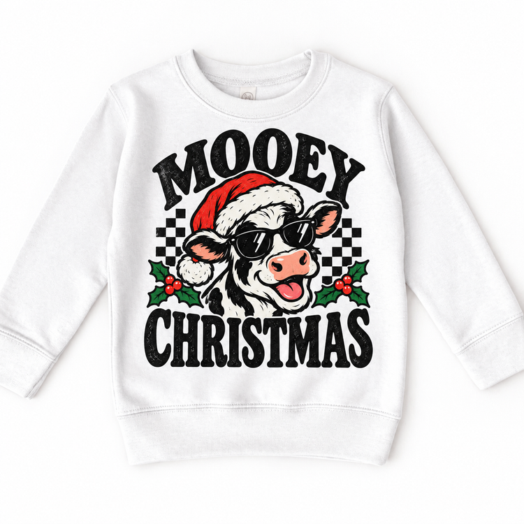 Mooey Christmas Christmas graphic on white sweatshirt, front view on white background
