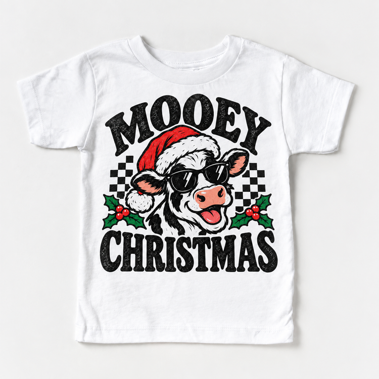 Mooey Christmas Christmas graphic on white tee, front view on white background