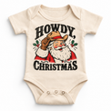 Howdy Christmas Christmas graphic on natural bodysuit, front view on white background