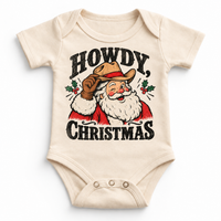 Howdy Christmas Christmas graphic on natural bodysuit, front view on white background