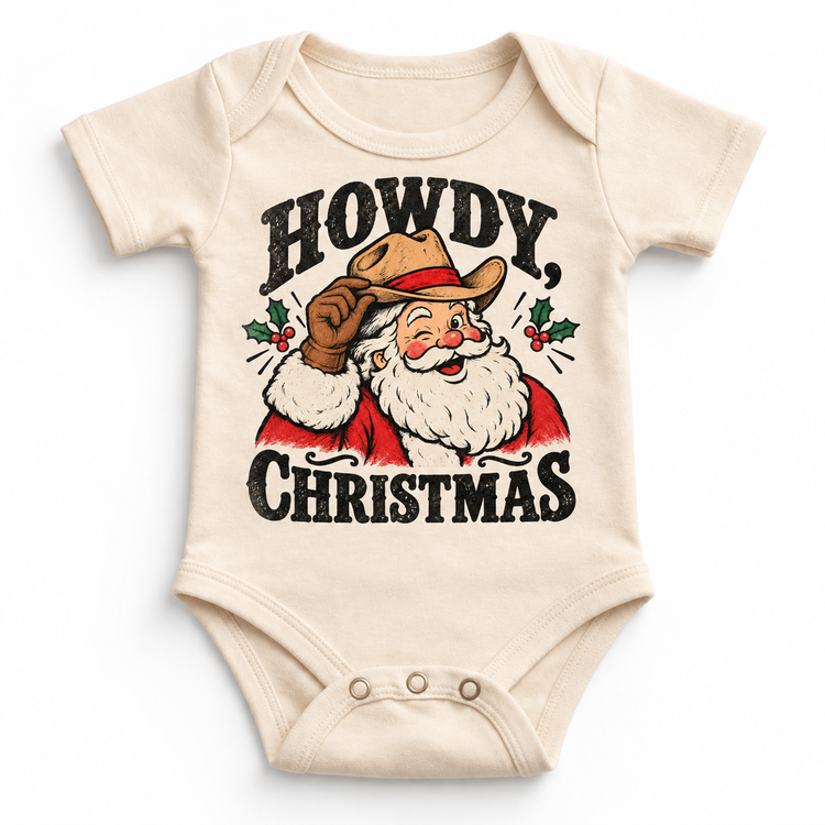 Howdy Christmas Christmas graphic on natural bodysuit, front view on white background