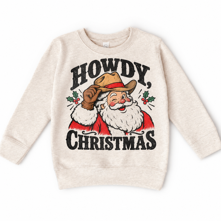 Howdy Christmas Christmas graphic on natural sweatshirt, front view on white background