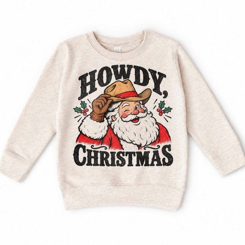 Howdy Christmas Christmas graphic on natural sweatshirt, front view on white background
