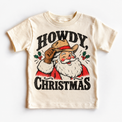 Howdy Christmas Christmas graphic on natural tee, front view on white background