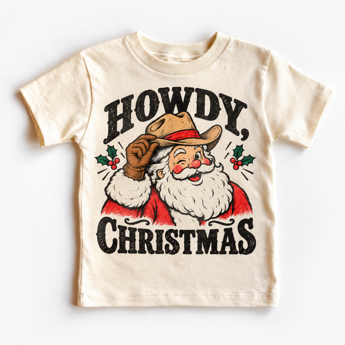 Howdy Christmas Christmas graphic on natural tee, front view on white background