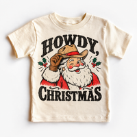 Howdy Christmas Christmas graphic on natural tee, front view on white background