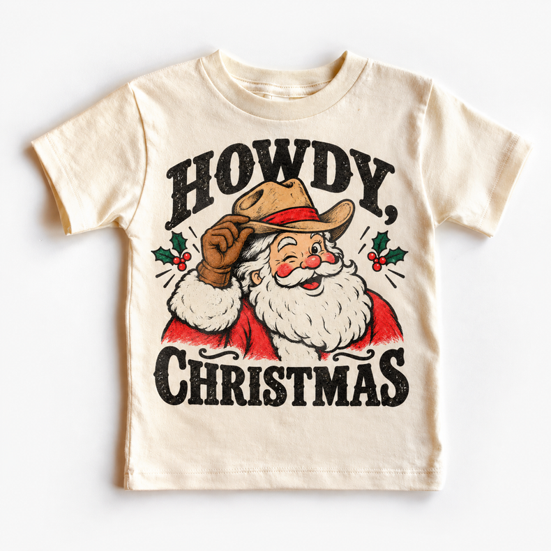 Howdy Christmas Christmas graphic on natural tee, front view on white background