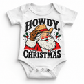 Howdy Christmas Christmas graphic on white bodysuit, front view on white background
