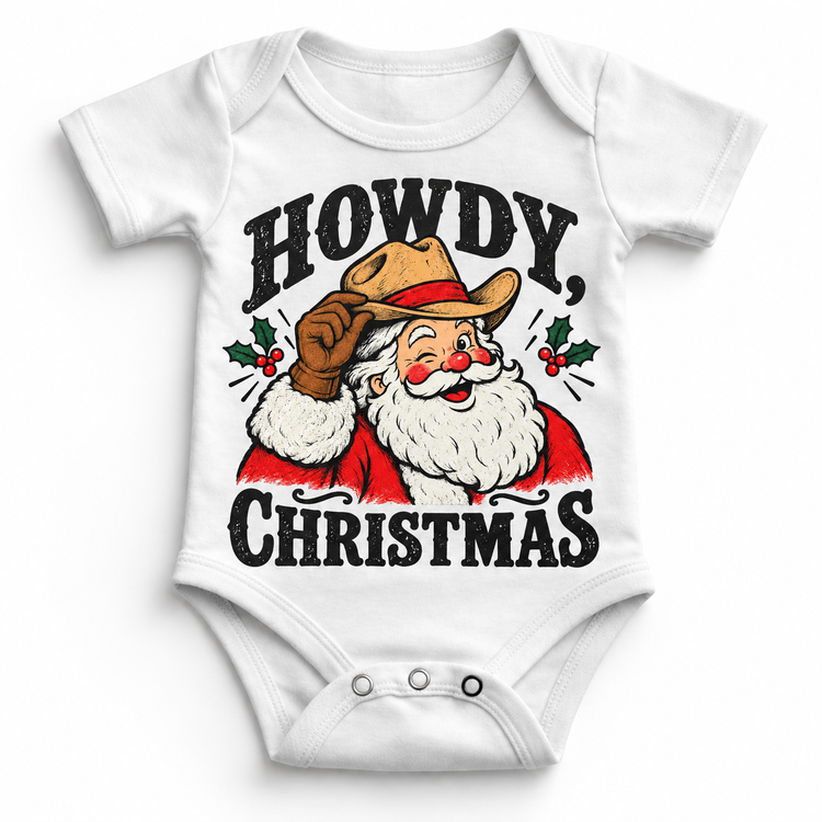 Howdy Christmas Christmas graphic on white bodysuit, front view on white background