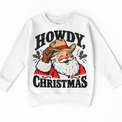Howdy Christmas Christmas graphic on white sweatshirt, front view on white background
