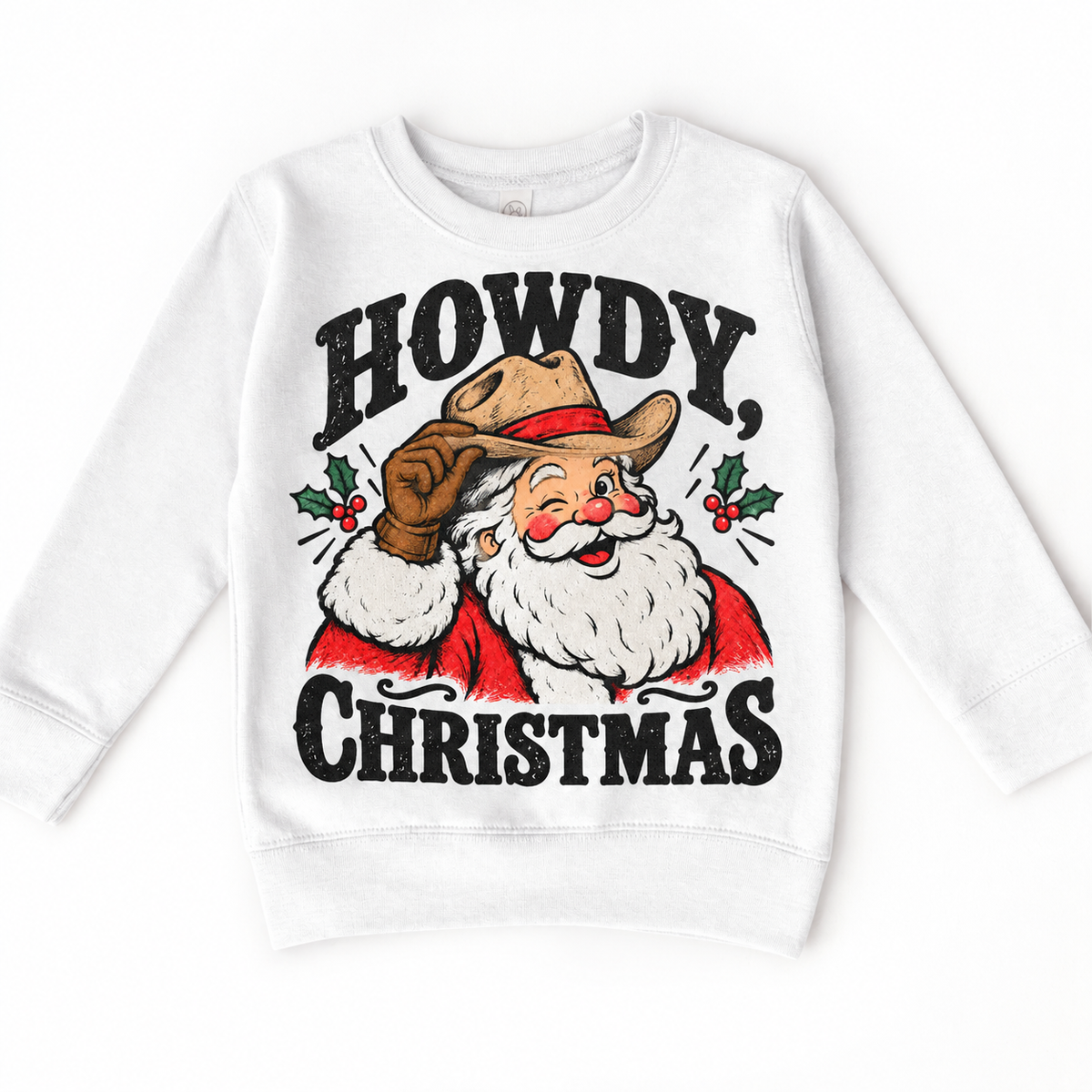 Howdy Christmas Christmas graphic on white sweatshirt, front view on white background