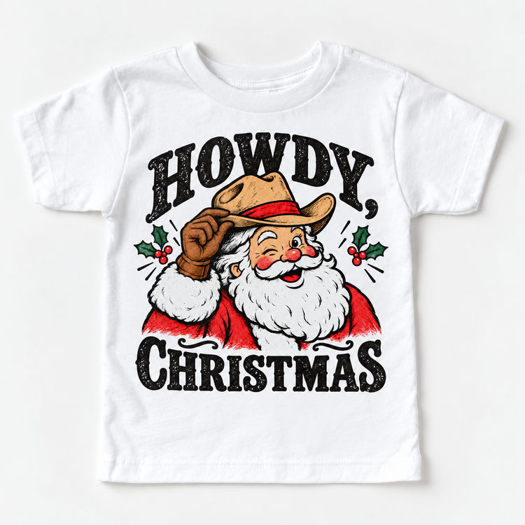 Howdy Christmas Christmas graphic on white tee, front view on white background