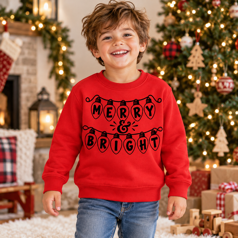 Boy wearing a red Merry and Bright Christmas sweatshirt in a festive Christmas setting