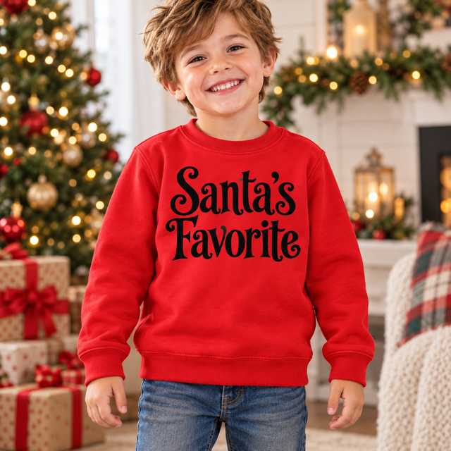 Boy wearing a red Santa's Favorite Christmas sweatshirt in a festive Christmas setting